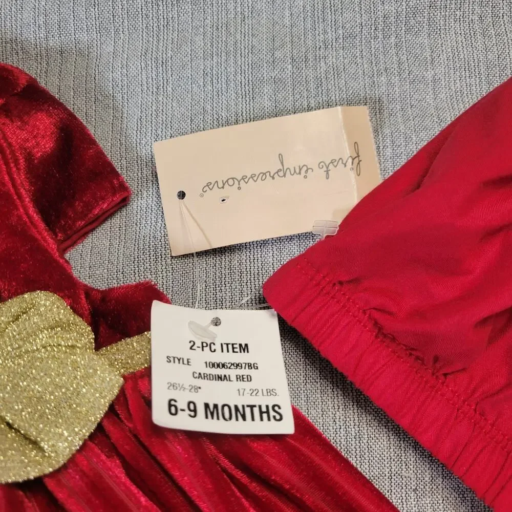 First Impressions 6-9 Months Red Velvet Holiday Dress Bloomers 2 PC Set NWT Baby